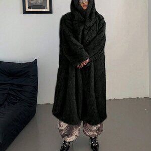 Black Preppy Women's Plus Size Long Sleeve Hooded Fluffy Coat